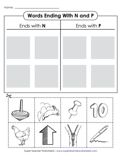T-Chart: Words Ending with N and P (Printable PDF Worksheet)