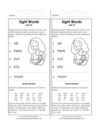 Word List - Take-Home List (Unit 10)  (Printable PDF Worksheet)