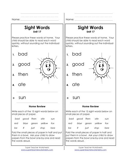 Word List - Take-Home List (Unit 17)  (Printable PDF Worksheet)
