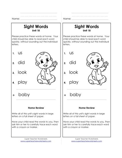 Word List - Take-Home List (Unit 18)  (Printable PDF Worksheet)