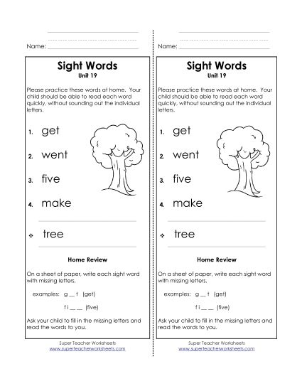 Word List - Take-Home List (Unit 19)  (Printable PDF Worksheet)