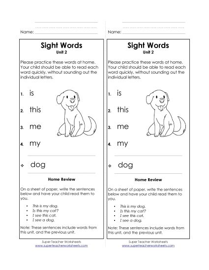 Word List - Take-Home List (Unit 2) (Printable PDF Worksheet)