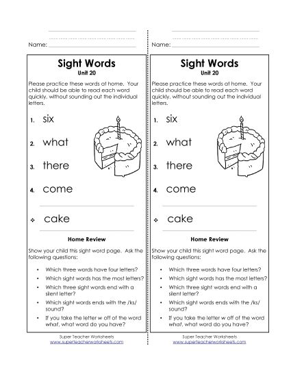 Word List - Take-Home List (Unit 20)  (Printable PDF Worksheet)