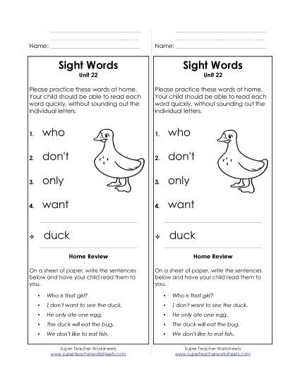 Word List - Take-Home List (Unit 22)  (Printable PDF Worksheet)