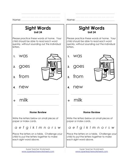 Word List - Take-Home List (Unit 24)  (Printable PDF Worksheet)
