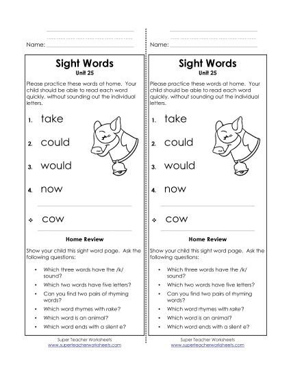 Word List - Take-Home List (Unit 25)  (Printable PDF Worksheet)