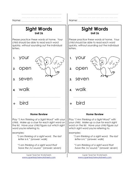 Word List - Take-Home List (Unit 26)  (Printable PDF Worksheet)