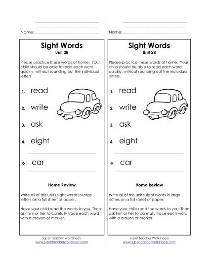 Word List - Take-Home List (Unit 28)  (Printable PDF Worksheet)