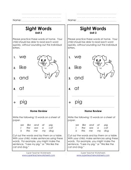 Word List - Take-Home List (Unit 3) (Printable PDF Worksheet)