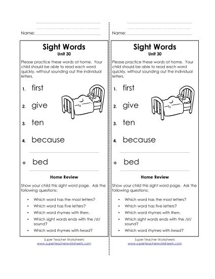 Word List - Take-Home List (Unit 30) (Printable PDF Worksheet)
