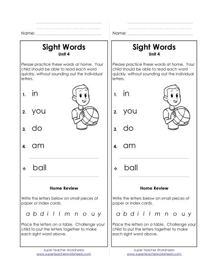 Word List - Take-Home List (Unit 4)  (Printable PDF Worksheet)