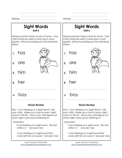 Word List - Take-Home List (Unit 6)  (Printable PDF Worksheet)