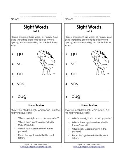 Word List - Take-Home List (Unit 7)  (Printable PDF Worksheet)