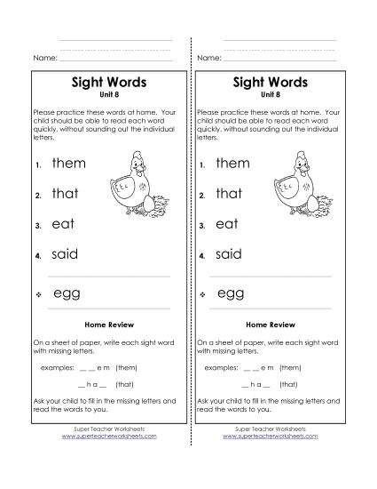 Word List - Take-Home List (Unit 8)  (Printable PDF Worksheet)