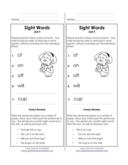 Word List - Take-Home List (Unit 9)  (Printable PDF Worksheet)