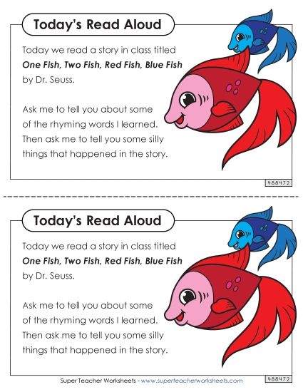 Parent Note - Take-Home Note: One Fish, Two Fish (Printable PDF Worksheet)
