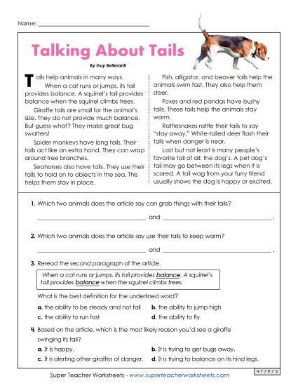 Animal Topics - Talking About Tails - Reading and Questions (Printable PDF Worksheet)