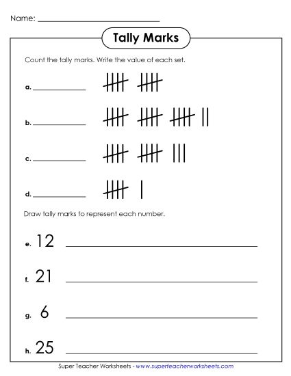 Counting Tallies - Tally Marks  (Version 1) (Printable PDF Worksheet)