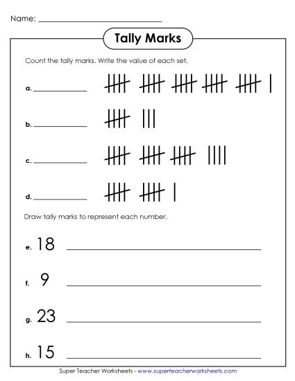 Counting Tallies - Tally Marks  (Version 2) (Printable PDF Worksheet)