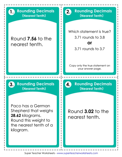 Nearest Tenth - Task Card Tool: Round Decimals to the Nearest Tenth (Printable PDF Worksheet)