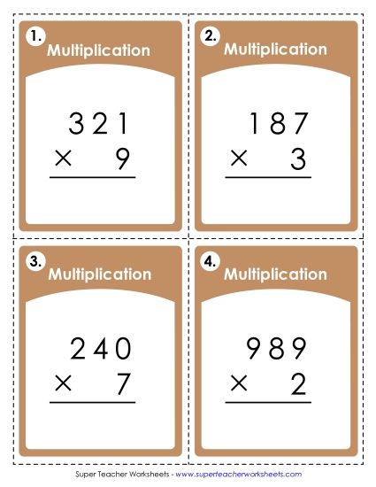 Games and Task Cards - Task Cards (3 Digits times 1 Digit) (Printable PDF Worksheet)