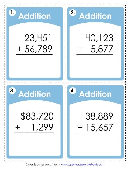 5-Digit Addition - Task Cards: 5-Digit Addends (Printable PDF Worksheet)