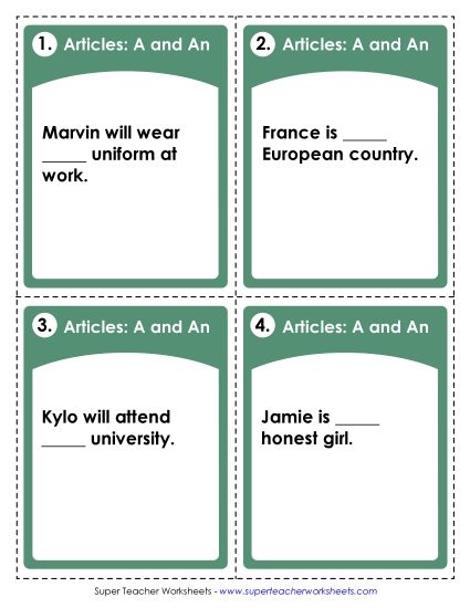 Advanced Level - Task Cards: A and An (Advanced) (Printable PDF Worksheet)