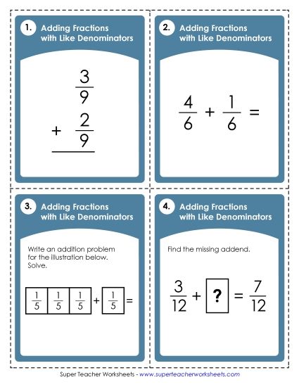 Adding Fractions: Same Denominator - Task Cards: Adding Fractions With Like Denominators (Printable PDF Worksheet)