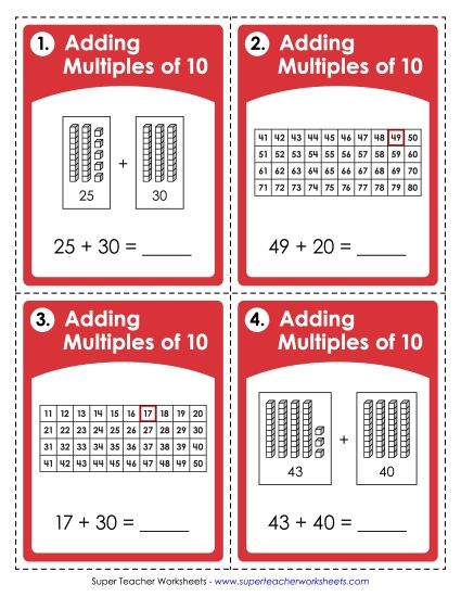 Adding Multiples of 10 - Task Cards: Adding Multiples of 10 (Printable PDF Worksheet)