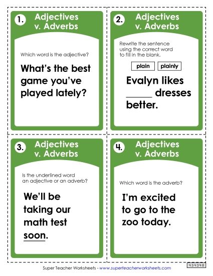 Adjectives and Adverbs - Task Cards: Adverbs v Adjectives (Printable PDF Worksheet)