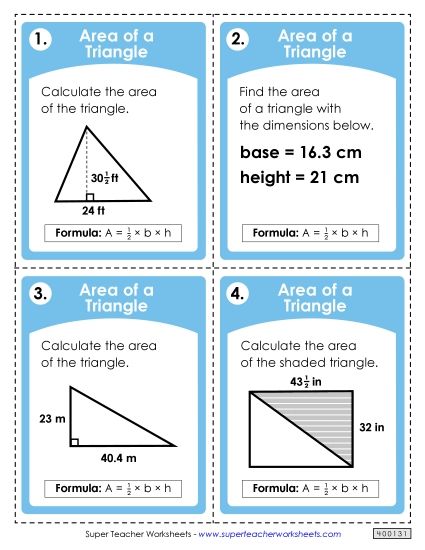 Level: Intermediate Fraction & Decimal Measurements - Task Cards: Area of a Triangle (Intermediate) (Printable PDF Worksheet)