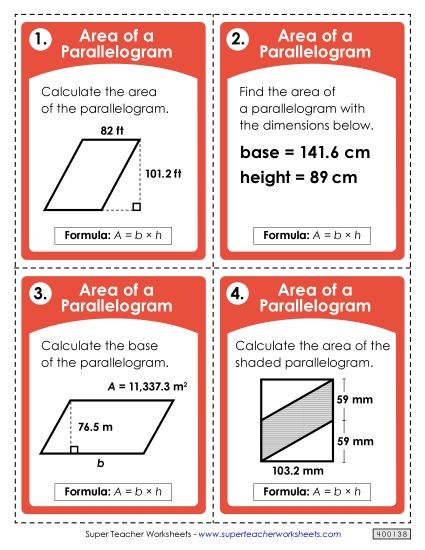 Level: Advanced Decimal & Fraction Measurements - Task Cards: Areas of Parallelograms (Advanced) (Printable PDF Worksheet)