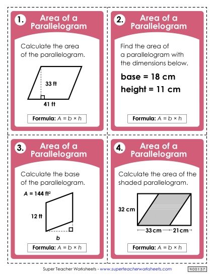 Level: Intermediate Double-Digit Measurements - Task Cards: Areas of Parallelograms (Intermediate) (Printable PDF Worksheet)