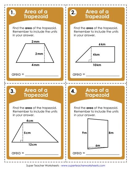 Level: Basic Single-Digit Measurements - Task Cards: Areas of Trapezoids (Printable PDF Worksheet)