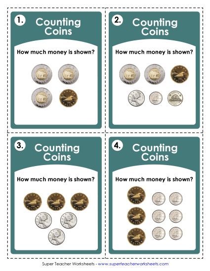 Mixed Coins - Task Cards: Canadian Coins (Intermediate Level) (Printable PDF Worksheet)