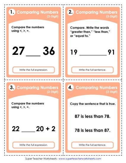 Comparing Numbers - Task Cards: Comparing 2-Digits (Printable PDF Worksheet)