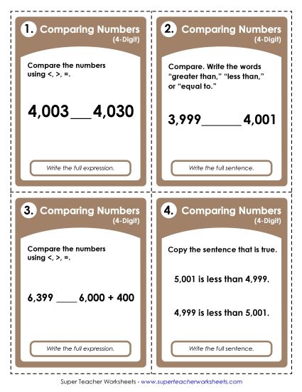 Comparing Numbers - Task Cards: Comparing 4-Digits (Printable PDF Worksheet)