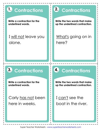 Games - Task Cards: Contractions (Printable PDF Worksheet)