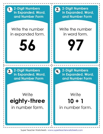 Place Value - Task Cards: Converting Between Expanded, Word, and Number Form (Printable PDF Worksheet)