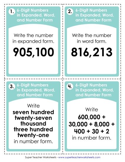 Place Value - Task Cards: Converting Between Expanded, Word, and Number Form (Printable PDF Worksheet)
