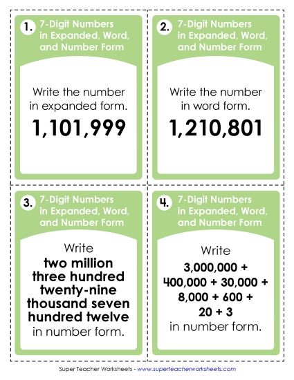 Place Value - Task Cards: Converting Between Expanded, Word, and Number Form (Printable PDF Worksheet)