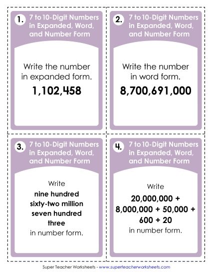 Place Value - Task Cards: Converting Between Expanded, Word, and Number Form (Printable PDF Worksheet)