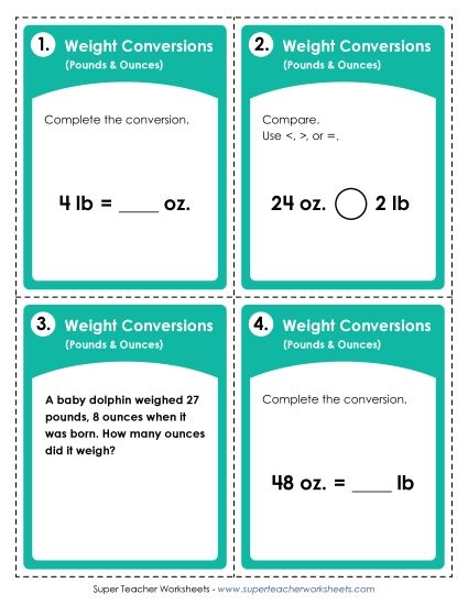 Task Cards - Task Cards: Converting Pounds and Ounces (Printable PDF Worksheet)