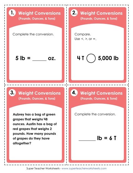 Task Cards - Task Cards:  Converting Pounds, Ounces, and Tons (Printable PDF Worksheet)