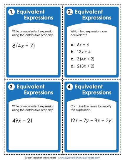 Mixed Types - Task Cards - Equivalent Expressions (Printable PDF Worksheet)