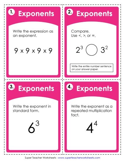 Exponents w/ Whole Numbers as a Base - Task Cards: Exponents (Printable PDF Worksheet)