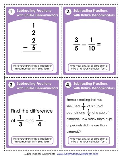 Subtracting Fractions: Different Denominators - Task Cards: Fraction Subtraction (Unlike Denominators) (Printable PDF Worksheet)