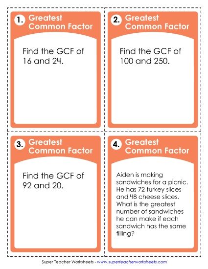 Greatest Common Factor (GCF) - Task Cards: GCF (Printable PDF Worksheet)