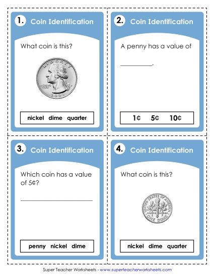 Pennies, Nickels, Dimes, Quarters - Task Cards: Identifying Coins (Printable PDF Worksheet)