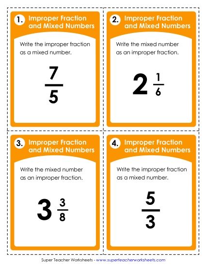 Improper Fractions and Mixed Numbers - Task Cards: Improper Fractions & Mixed Numbers (Printable PDF Worksheet)